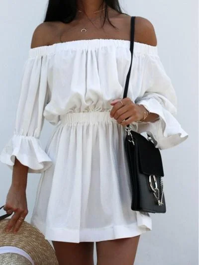 Half Sleeve Off Shoulder Elastic Waist Casual Dress Street style unclassified dresses