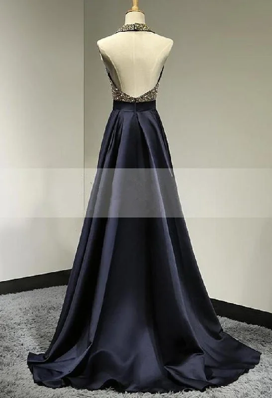 Halter Beading Backless Sweep Train A-Line/Princess Satin Prom Dresses Neutral tone unclassified dresses