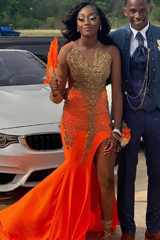 Hot Orange Mermaid High Split Prom Dresses with Gold Beads Women's unclassified dresses