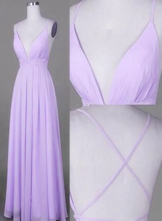 Lavender Chiffon Cross Back V Neckline Prom Gowns Chiffon Fashion Junior Prom Dress Gothic unclassified dresses