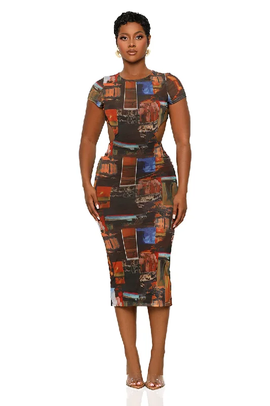 Like Picasso Cut Out Dress (Brown Multi) Velvet unclassified dresses