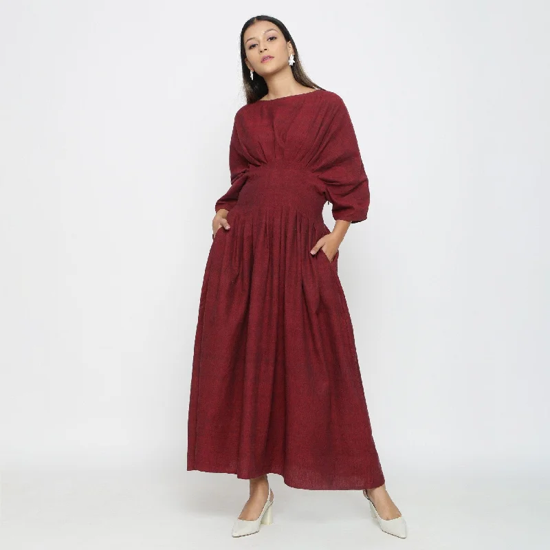 Maroon Handspun Cotton Ankle Length Pleated Flared Dress Fall unclassified dresses