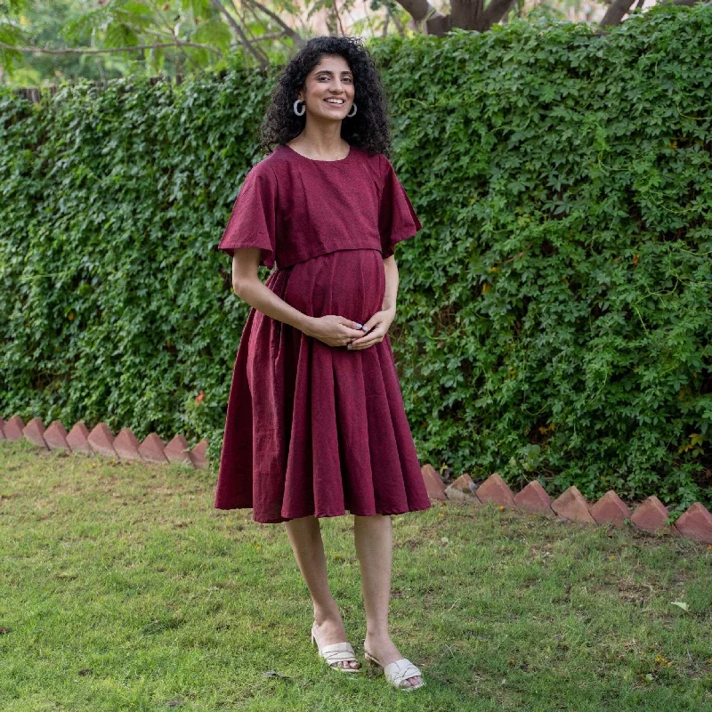 Maroon Handspun Cotton Fit and Flare Knee Length Pre and Post Maternity Dress Elegant evening unclassified dresses