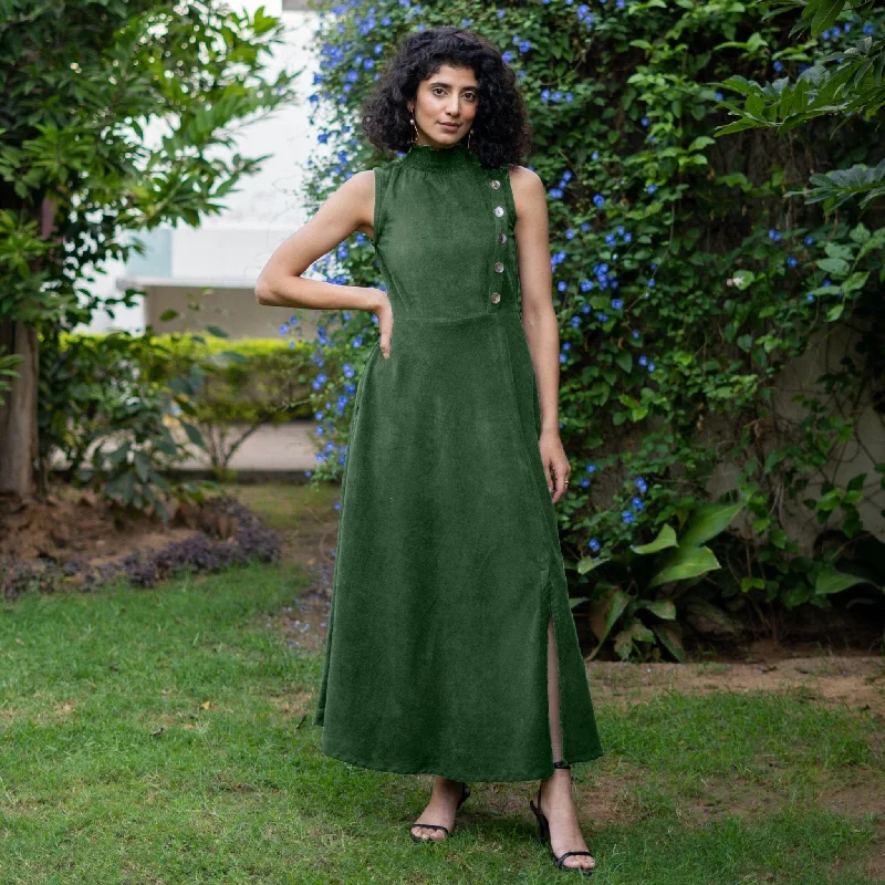 Moss Green Warm Cotton Corduroy High-Neck Sleeveless Slit Dress Cocktail unclassified dresses