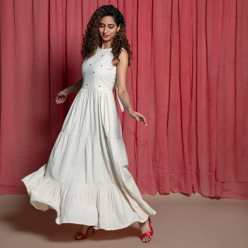 Off-White Embroidered Cotton Muslin Floor Length Tier Dress Soft fabric unclassified dresses