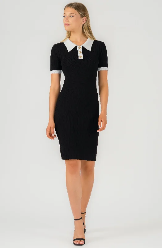 Ribbed Knit Dress with Contrasting Collar Lightweight unclassified dresses