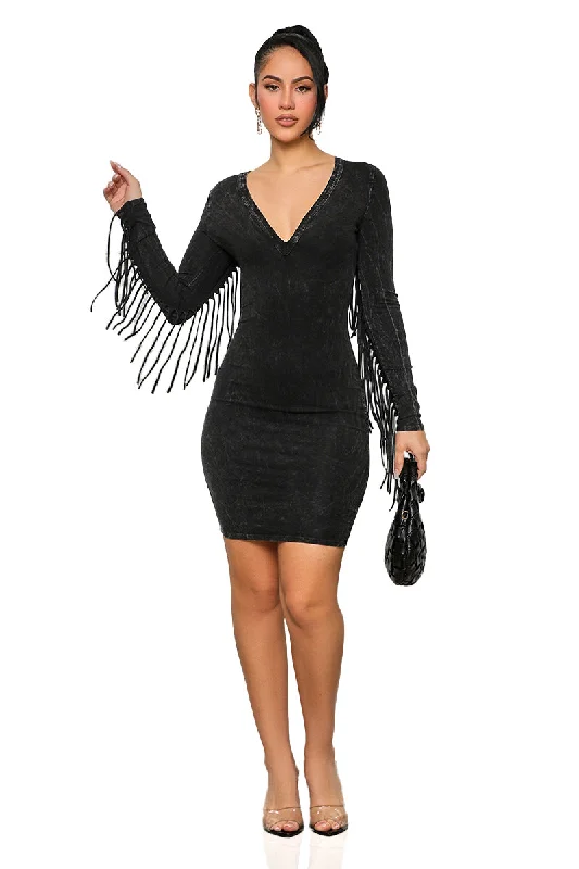 Rodeo Ready Fringe Dress (Black Acid Wash)-FINAL SALE Beach unclassified dresses