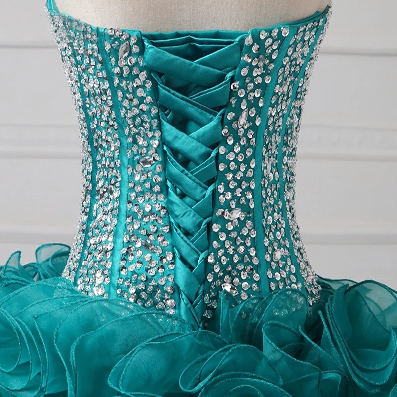 Ruffles Strapless Sweetheart Backless Rhinestone Organza Teal Homecoming Dresses Breathable unclassified dresses