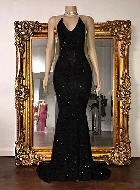 Sexy 2024 Black Halter Mermaid Sequence Backless Prom Dresses Comfortable unclassified dresses