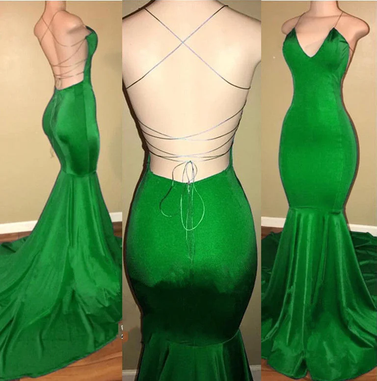 Sexy Mermaid Green Backless Criss Cross V Neck Elastic Satin Prom Dresses Metallic unclassified dresses