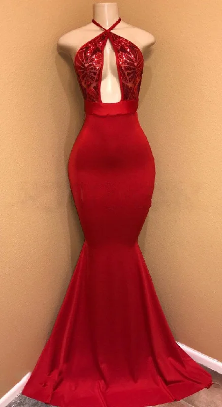 Sexy Red Mermaid Halter Open Front Satin Prom Dresses With Sequence Color block unclassified dresses