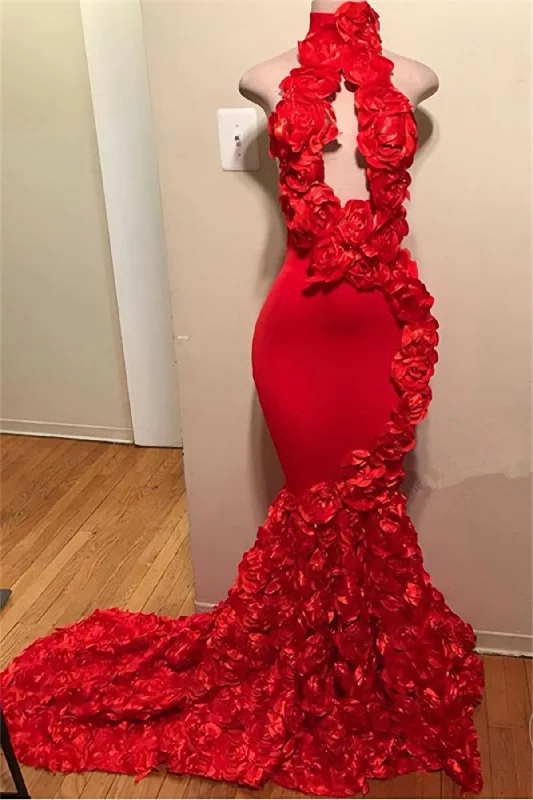 Red Mermaid High Neck Rose Open Front Backless 2024 Prom Dresses Bodycon unclassified dresses