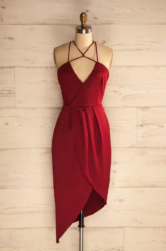 Sheath Halter Asymmetrical Dark Red Satin Homecoming Dress Best-selling unclassified dresses