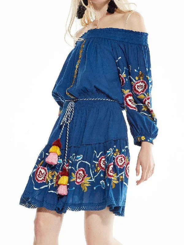 Shoulder-off Bohemian stripes heavy geometric embroidery tassels Blue dress Elegant unclassified dresses