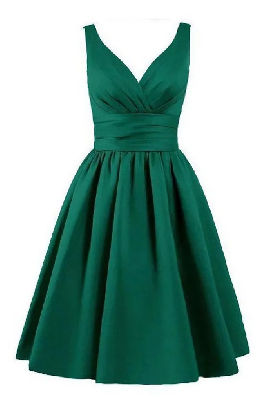 Sleeveless Pleated Hunter Ruched V Neck A Line Satin Elegant Homecoming Dresses Color block unclassified dresses