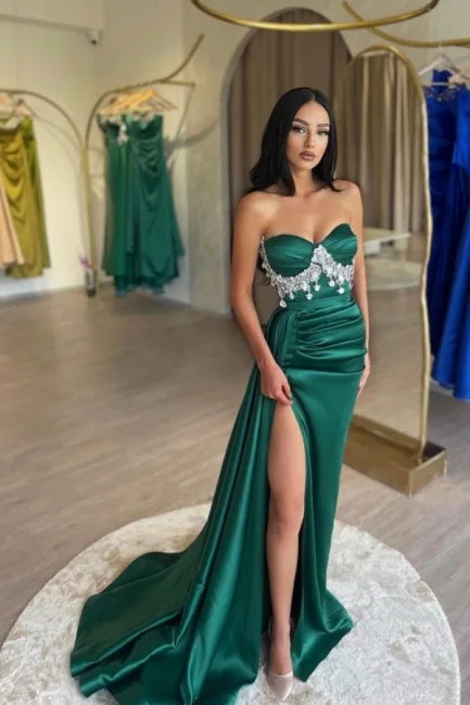 Slit Front Dark Green Stain Sweetheart Sleeveless Evening Dress with Beadings Metallic unclassified dresses