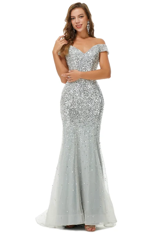 Sparkle Silver Mermaid Beaded Cap Sleeves Off-The-Shoulder Corset Prom Dresses outfit A-line unclassified dresses