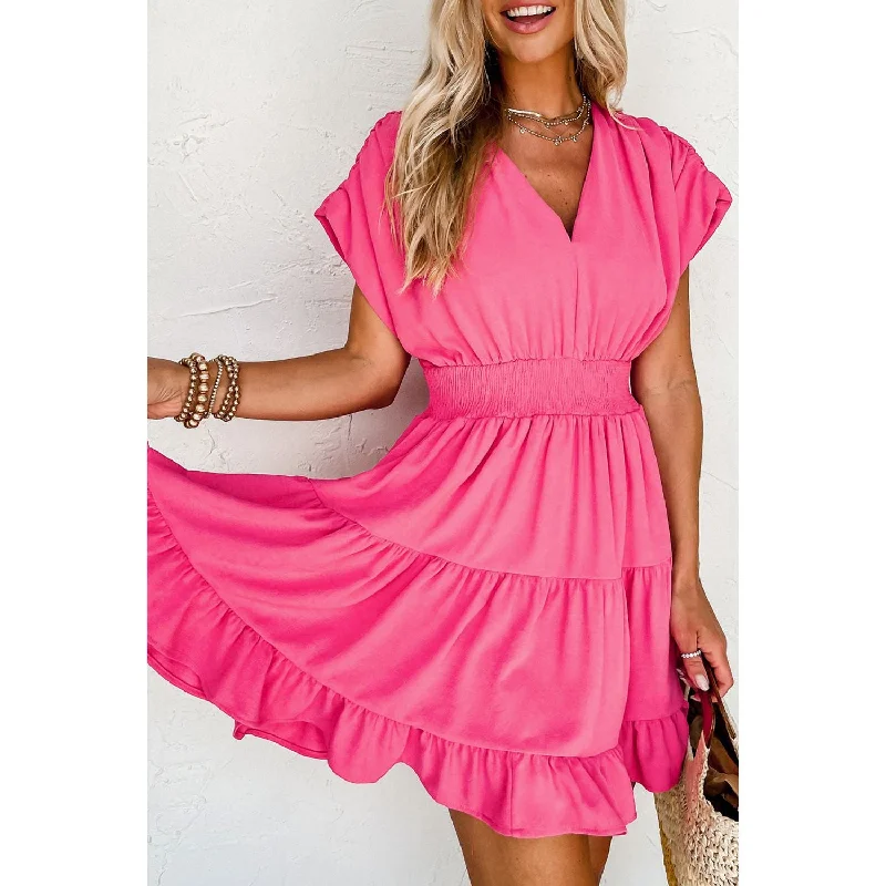 Strawberry Pink Ruched Sleeve Smock Waist Tiered Ruffled Dress Floral unclassified dresses