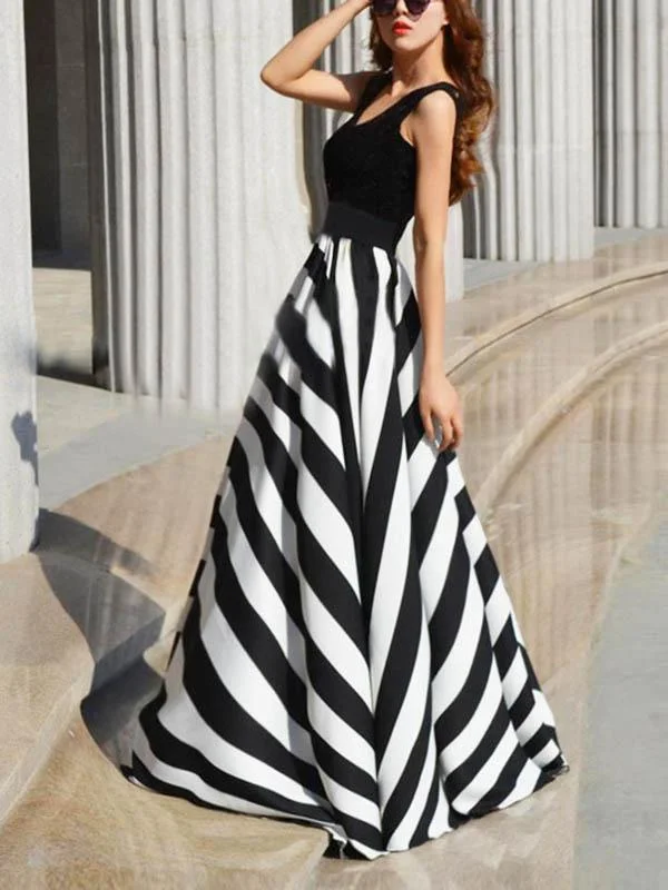 Striped Split-joint Sleeveless Evening Dress Open-back unclassified dresses