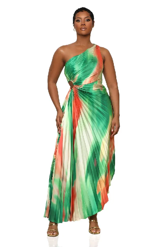 Sunkissed Watercolor One Shoulder Dress (Green Multi) Beach unclassified dresses