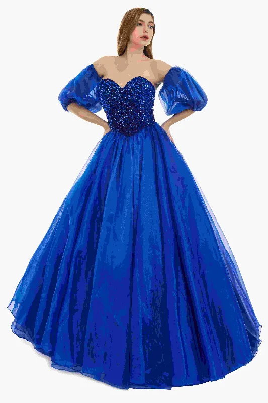 Sweetheart Royal Blue Bubble Sleeves Ball Gown Beaded Prom Dresses Soft fabric unclassified dresses