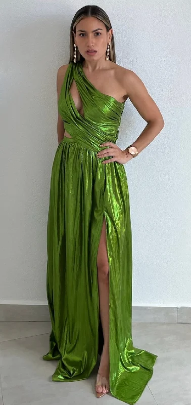 That Golden Girl Green Metallic One-Shoulder Formal Dress Lightweight unclassified dresses