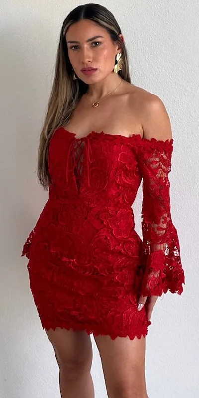 The Moment of Red Off-Shoulder Crochet Dress Polka dot unclassified dresses