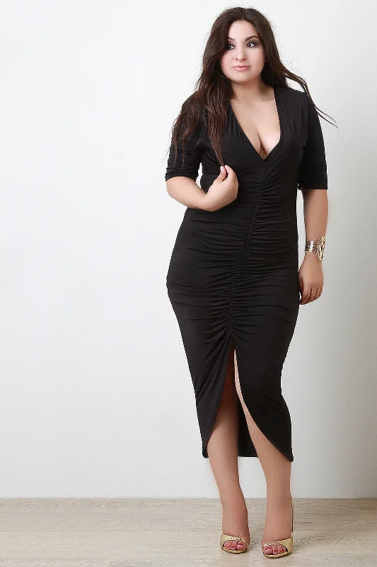 Plunging V-Neck Front Slit Ruched Dress High-low unclassified dresses