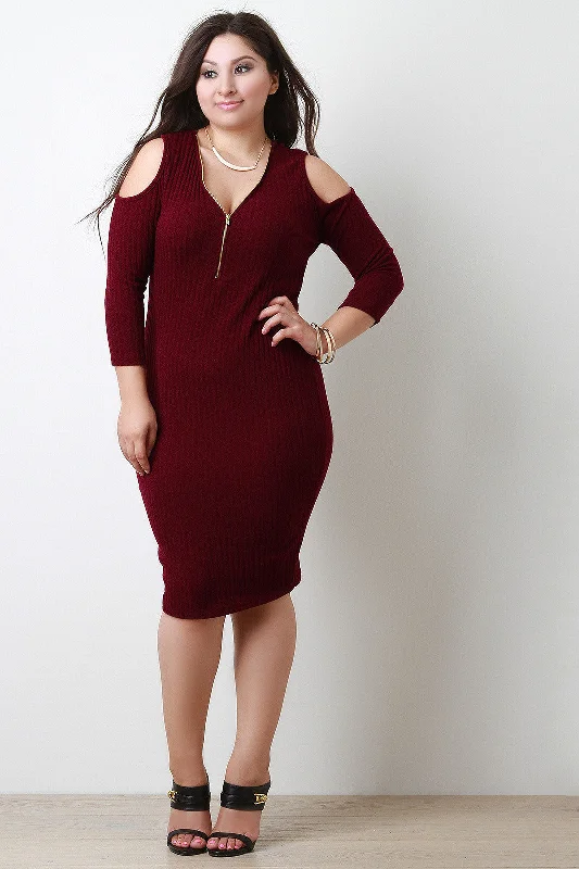 Ribbed Cold Shoulder Quarter Sleeve Dress One-shoulder unclassified dresses