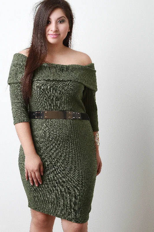 Plate Belt Off Shoulder Ribbed Knit Dress Sleeveless unclassified dresses