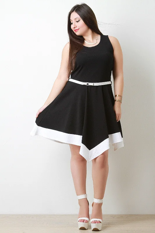 Contrast Belted Sleeveless Handkerchief Hem Fit And Flare Dress Luxury unclassified dresses