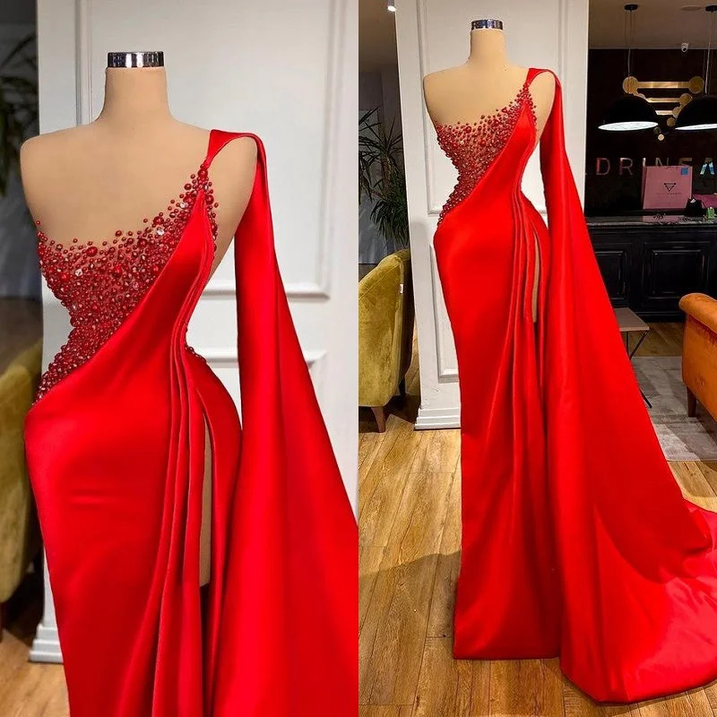 Unique Red Stones Sleeveless High split mermaid Evening Dress Beach unclassified dresses