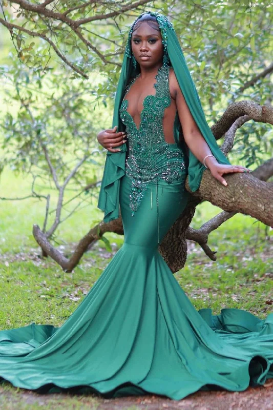 V-Neck Mermaid Sleeveless Beading Sweep Train Prom Dress Boho unclassified dresses