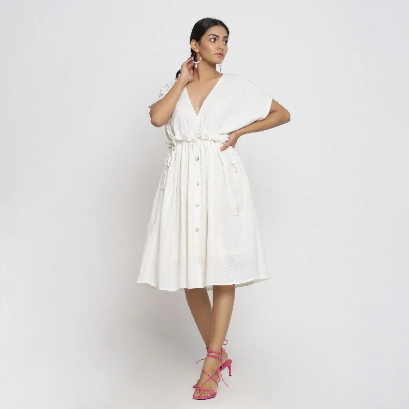 White Frilled Cotton Knee Length Bohemian Dress One-shoulder unclassified dresses