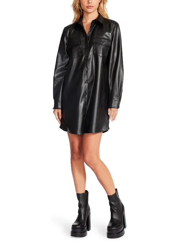 Womens Faux Leather Mini Shirtdress Wrap Mini Skirt