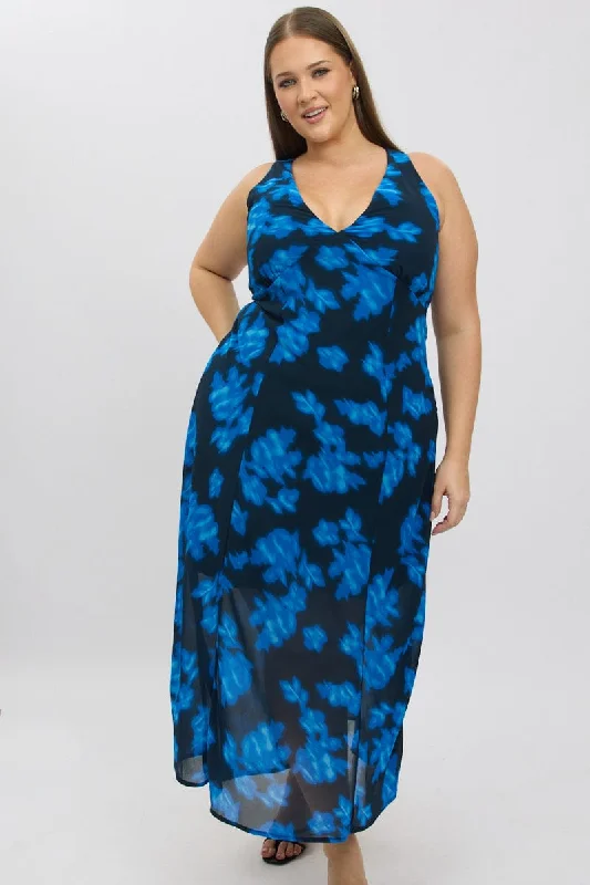 Blue Abstract Maxi Dress Sleeveless Sexy Maxi Skirt