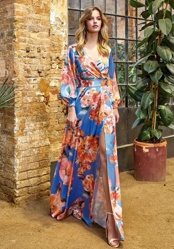 Herysa Long Sleeve Floral Maxi Dress, Blue & Orange Denim Maxi Skirt