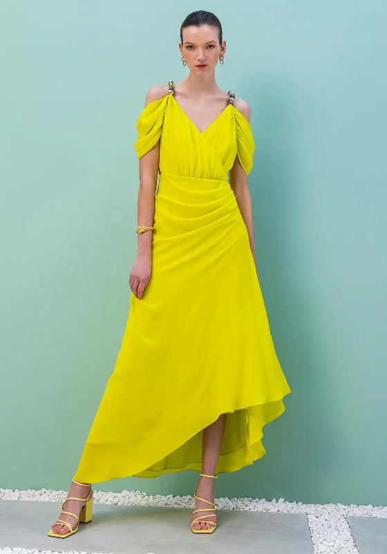 Kameya Bead Strap Cold Shoulder Maxi Dress, Yellow Tulle Maxi Skirt