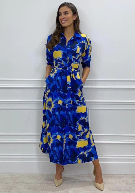 Kate & Pippa Luca Tropical Flower Maxi Shirt Dress, Royal Blue Multi Elegant Long Skirt