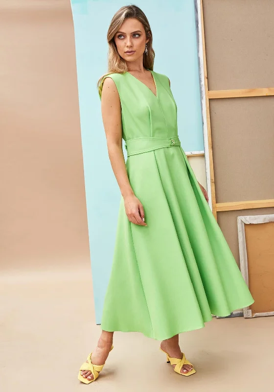 Kate Cooper Box Pleat Maxi Dress, Green Skirt with Slits