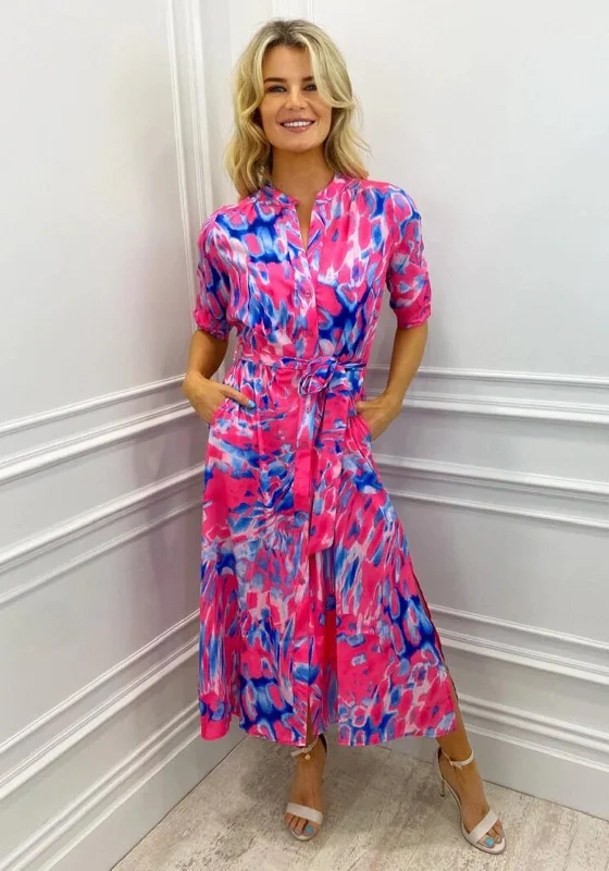 Kate & Pippa Capri Mandarin Neck Maxi Dress, Pink & Blue Ruffled Maxi Skirt