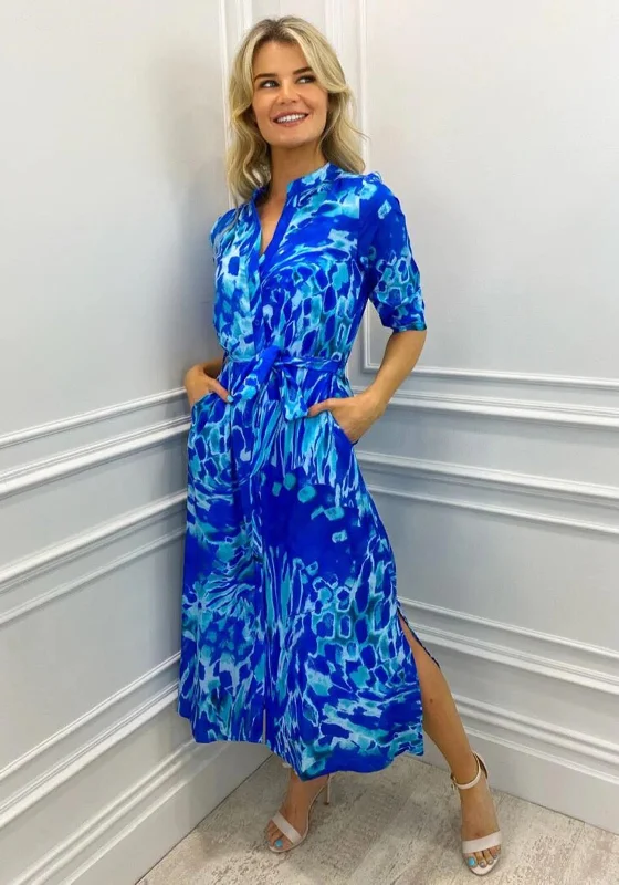 Kate & Pippa Capri Mandarin Neck Maxi Dress, Royal Blue & Aqua Printed Maxi Skirt