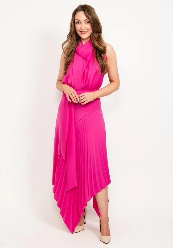 Kevan Jon Perla High Neck Pleat Maxi Dress, Fuchsia Stylish Maxi Skirt