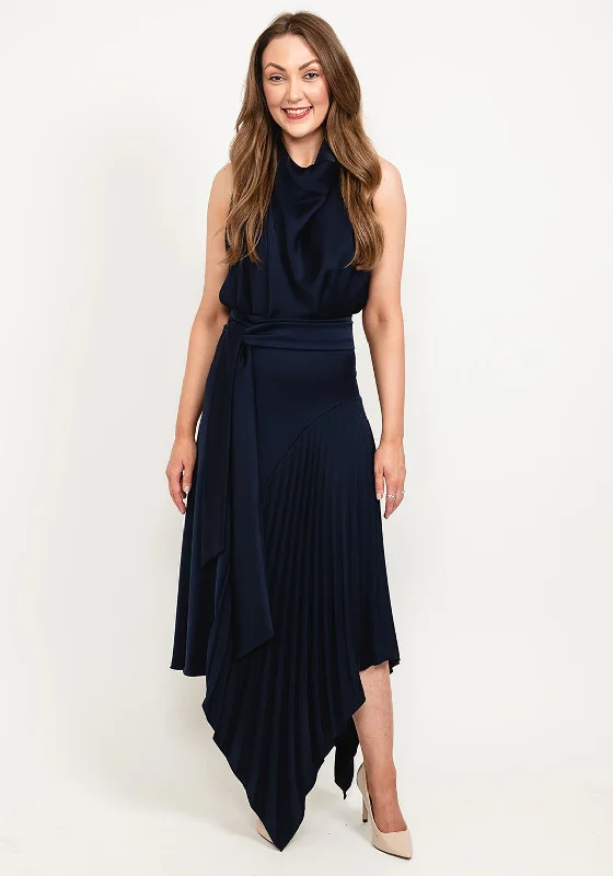 Kevan Jon Perla High Neck Pleat Maxi Dress, Navy Vintage Maxi Skirt