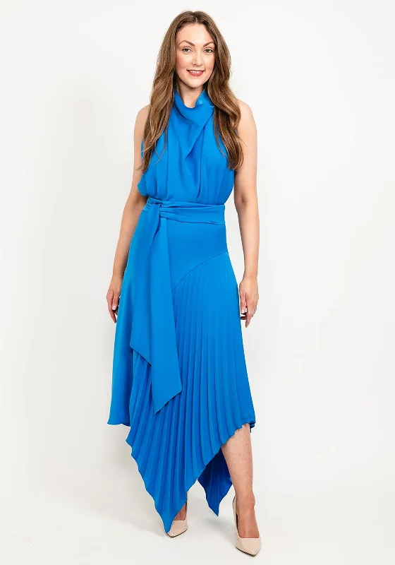 Kevan Jon Perla High Neck Pleat Maxi Dress, New Blue Flowing Maxi Skirt