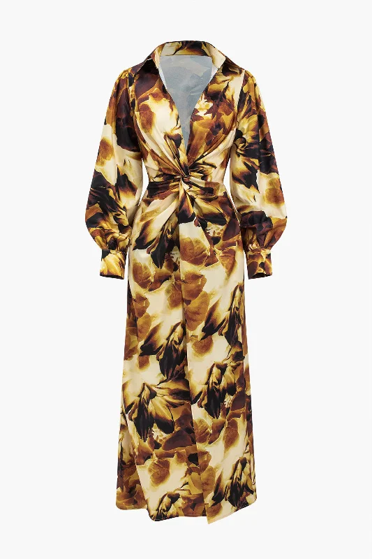 Floral Print Twist Knot Slit V-Neck Maxi Dress Cozy Maxi Dress