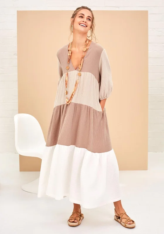 Naya Ombre Panel Smock Maxi Dress, Beige Maxi Skirt Party