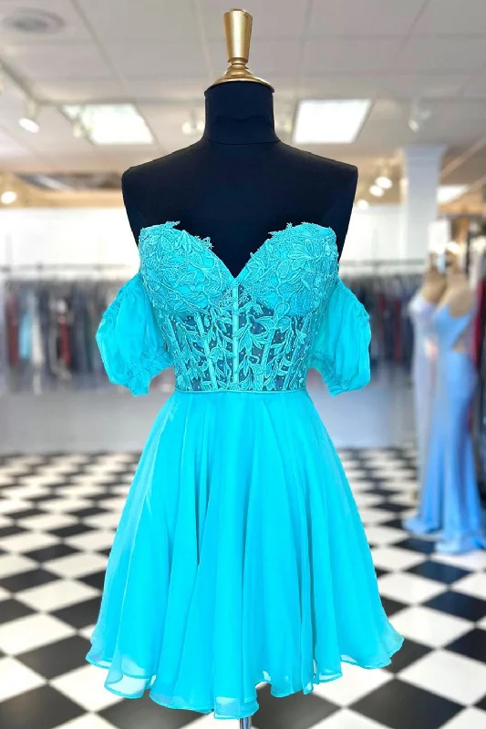 A Line Lace Off the Shoulder Homecoming Dress with Appliques Soft Lace Dress