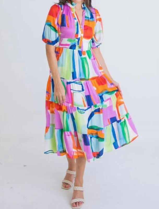 Abstract Tiered Midi Dress in Multi Skater Midi Skirt