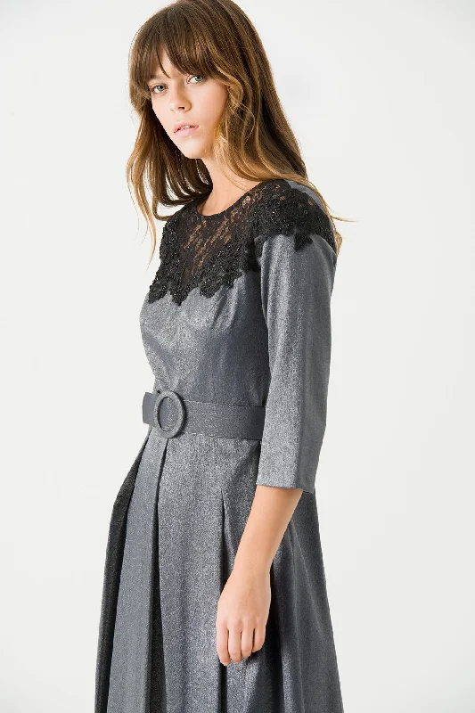 Anthracite Lace Detailed Dress with Belt Lace Dress Sleek